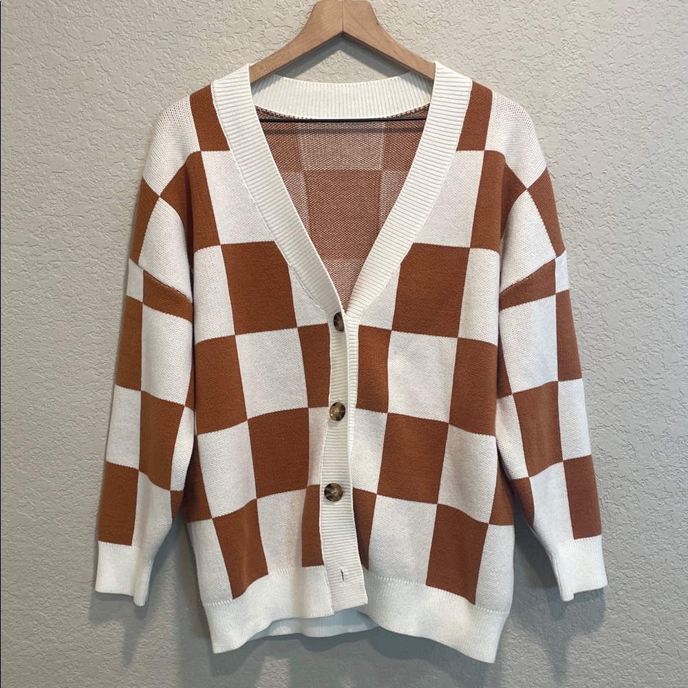 Checkerboard Size Medium V-neck Button-down Knit Cardigan Sweater